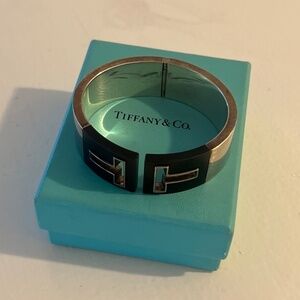 Tiffany & Co T Cutout Sterling Silver Black Ceramic Hinged Cuff Bracelet 6.25"